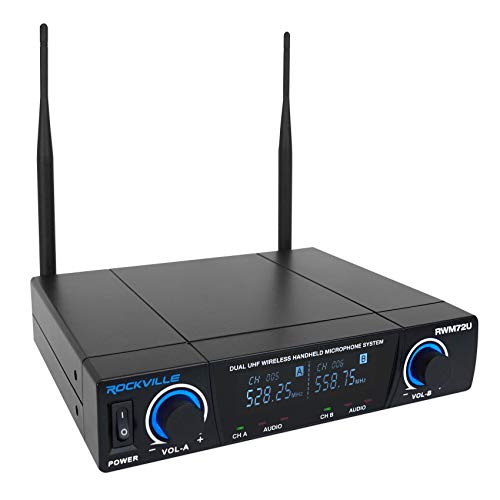 Rockville RWM72U Dual UHF Wireless Handheld Microphone System, LCD Display