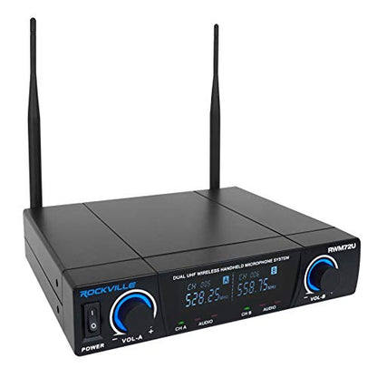 Rockville RWM72U Dual UHF Wireless Handheld Microphone System, LCD Display