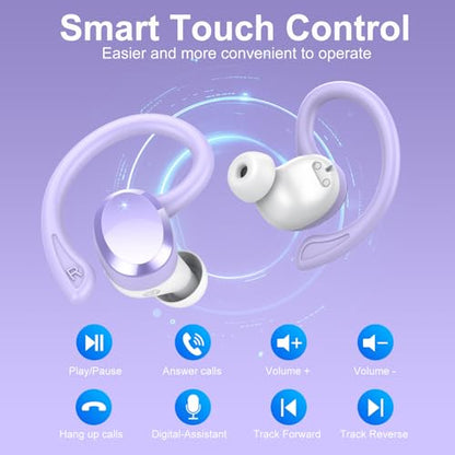 Wireless Earbuds, Bluetooth Earbuds, Bluetooth 5.4 Headphones 68hrs Playtime Sport Earphones with LED Display ENC Noise Cancelling Mic, IPX7 Waterproof Over Ear Ear Buds with Hook for Gym/Workout - color: Dreamy Purple