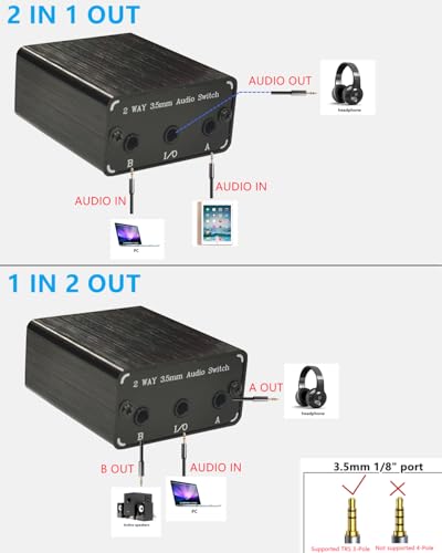 Generic SPRODIO 2 PORT 3.5mm Stereo Audio Switch Box AUX headphone Speaker Manual selector switcher Use 6A toggle switch (2 in 1 out / 1 in 2 out) -T21