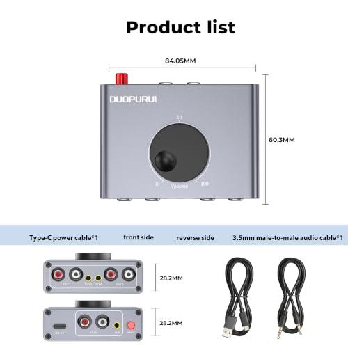 RCA Stereo Audio Switcher, 2 in 1 Out / 1 in 2 Out Bi-Directional RCA Audio Selector Splitter, Passive No External Power Required for TV Speaker Amplifier