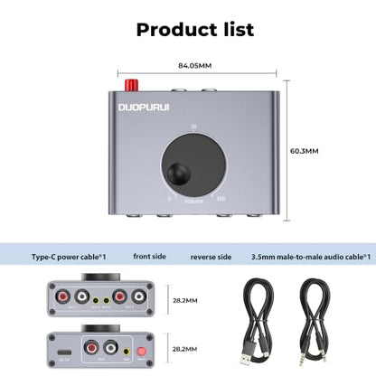 RCA Stereo Audio Switcher, 2 in 1 Out / 1 in 2 Out Bi-Directional RCA Audio Selector Splitter, Passive No External Power Required for TV Speaker Amplifier