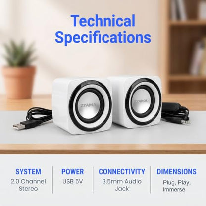Basics Stereo 2.0 Speakers for PC or Laptop with Volume Control,USB-Powered, 1 Pair, White - color: White