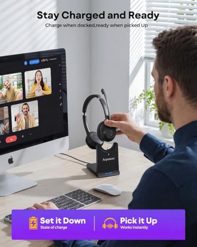 Wireless Headset with Mic for Work, Clear Sound ＆ Comfortable ＆ Stable Connection, Bluetooth Headset for Computer, Wireless Headset with Charging Base & USB Dongle for Office & Call Center