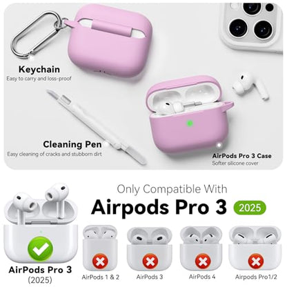 for AirPods Pro 3 Case 2025,Come with Cleaner Kit,Light Lilac | Silicone Protective Cover for Airpod Pro 3rd Generation Case with Keychain,for Women Men,One-Piece Design,Shockproof - color: D-Light Lilac