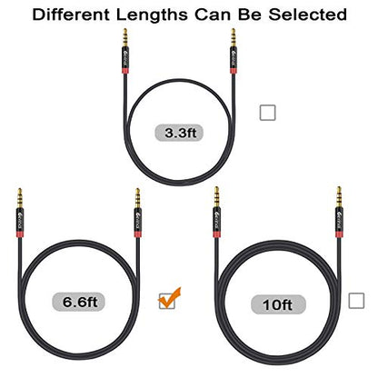 3.5mm TRRS Cable, 1/8" inch 4 Pole Auxiliary Cord, Aux Mini-Jack Stereo Nylon Braided Male to Male Cable 6.6 FT/ 2M (2 Pack) - size: 6 Ft