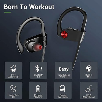 Bluetooth Headphones, Bluetooth 5.3 IPX7 Waterproof Wireless Sports Earbuds for Workout Gym, 16 Hrs Playtime Running Headphones with Noise Cancelling Mic, HiFi Bass Stereo in-Ear Earphones | 16 Hours Playtime, Sweatproof Stereo Earphones with MIC, Noise C