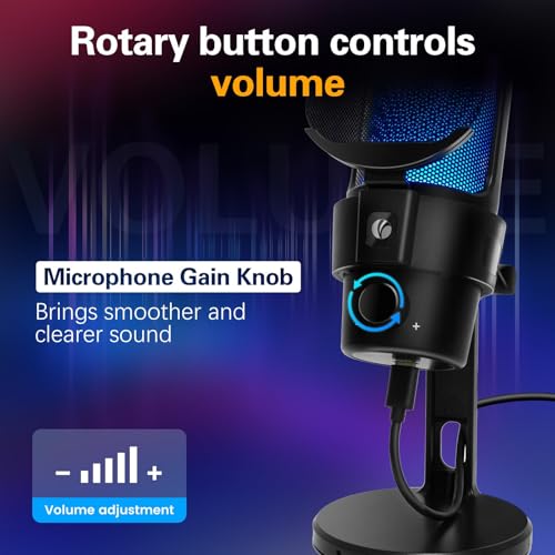 VCOM Gaming USB Microphone, Condenser Dynamic Mic for Podcasting, Streaming, with Quick Mute, Desktop Stand, Pop Filter, RGB Indicator, Shock Mount, Rotate gain Button, Compatible with PS4/5/PC