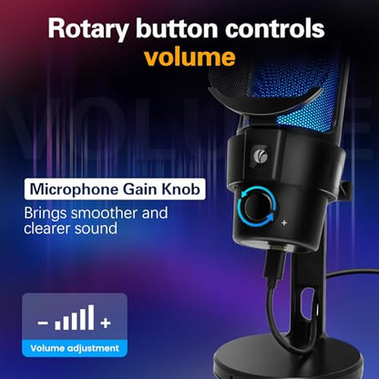 VCOM Gaming USB Microphone, Condenser Dynamic Mic for Podcasting, Streaming, with Quick Mute, Desktop Stand, Pop Filter, RGB Indicator, Shock Mount, Rotate gain Button, Compatible with PS4/5/PC