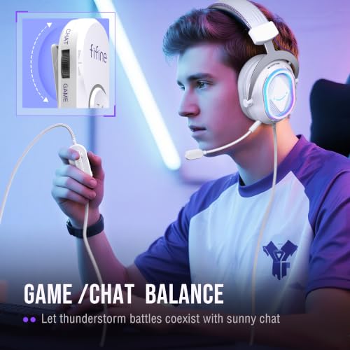 FIFINE AmpliGame H13WP USB Gaming Headset Wired, Customizable RGB Light | 50mm Drivers, Crisp 7.1 Surround, Soft Protain Leather, Detachable Mic, Game/chat Balance, for PC, Mac, PS4/5 - color: White and Purple