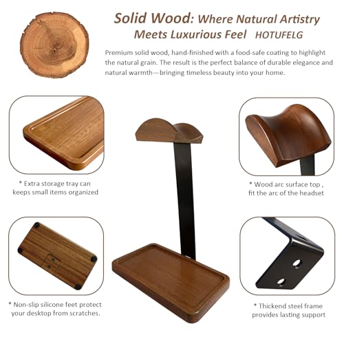 2-in-1 Wood Universal Headphone Stand With Storage Tray And Wood Arc Top