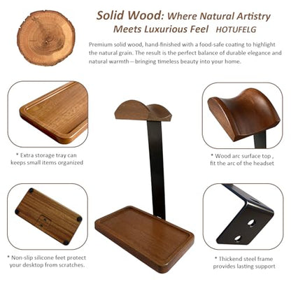 2-in-1 Wood Universal Headphone Stand With Storage Tray And Wood Arc Top
