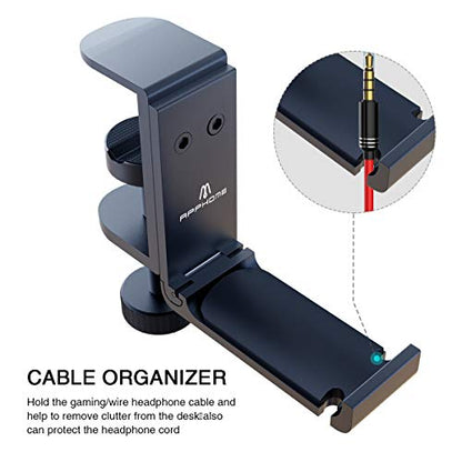2Pack Upgrade Foldable Headphone Stand Under Desk PC Gaming Headset Hanger Holder Hook Clamp with Built in Cable Clip Organizer Space Save Mount Fold Upward Not in Use, Universal Fit, Black - color: Premium Black-Two Pack