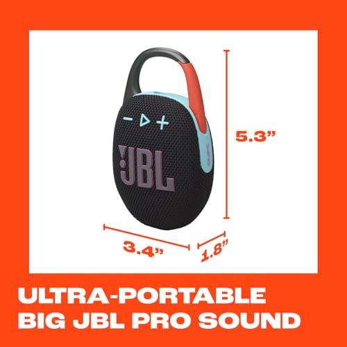 JBL Clip 5 - Ultra-Portable Waterproof Speaker - Black | Ultra-portable JBL Pro Sound, Redesigned carabiner, Up to 12 hours of playtime plus 3 hours with Playtime Boost - color: Black & Orange