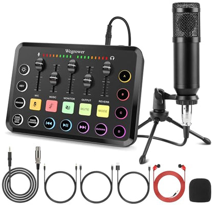 Wegrower W-11BK Rechargeable Audio Mixer with Tripod | 48V Phantom Power, Dual Mic Inputs, RGB Lighting, 1-Click Noise Cancel, Voice Changer