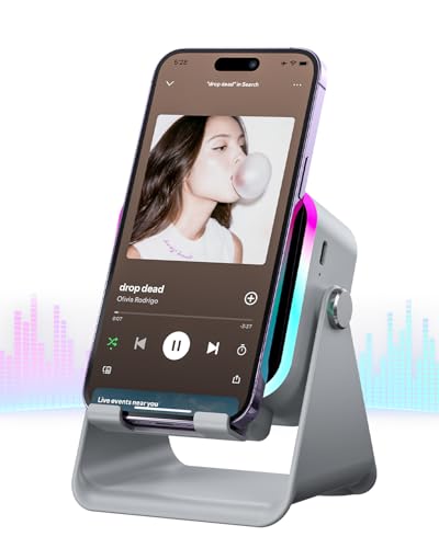 Induction Speaker 5-in-1 Bluetooth Audio for iPhone Android with Phone Stand | Adjustable Desktop Phone Holder with Charger & RGB Light, Cool Tech Gadgets Gifts for Men Women Teens Gray