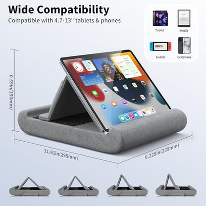 CreaDream Tablet Pillow Stand, Foldable Tablet Holder for Lap, Bed | Soft Pillow Pad with Pocket and Stylus Mount, for 4-13" Tablets, Like iPad Pro 11, 13, Air, Mini, Kindle, Galaxy Tab, Grey - color: Grey