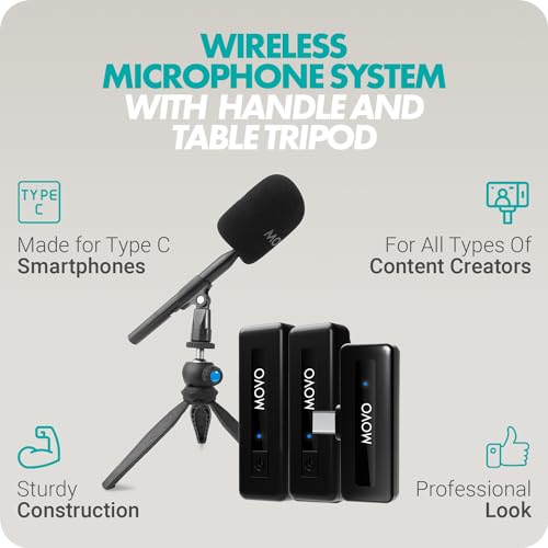 Movo Wireless Mini UC-Duo USB-C Wireless Microphone for iPhone 15/16/Android/PC/Macbook Podcast Equipment Bundle with WMX-HM Handle/Desktop Mic Stand for Podcasting, Interviews, and Content Creation - size: USB-C