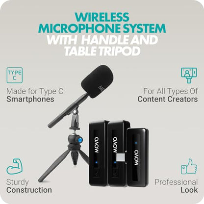 Movo Wireless Mini UC-Duo USB-C Wireless Microphone for iPhone 15/16/Android/PC/Macbook Podcast Equipment Bundle with WMX-HM Handle/Desktop Mic Stand for Podcasting, Interviews, and Content Creation - size: USB-C