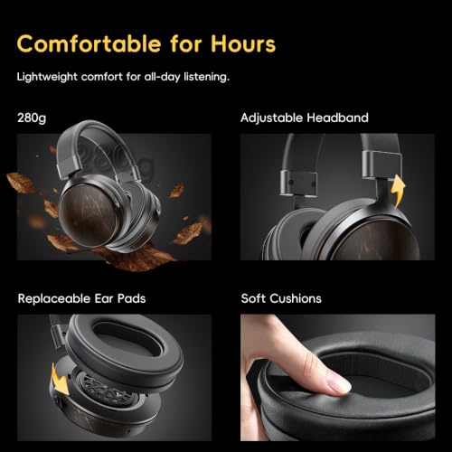 SNOWSKY FIIO Nature Closed-Back Over-Ear Wired Hi-Fi Headphones, 50mm Dynamic Drivers, Dual 3.5mm Detachable Cable, Natural Sound Tuning, Wood Grain Ear Cups (Black) - color: Black