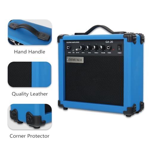 20W Electric Guitar Blue Amplifier Guitar Amp Practice Small Portable Travel with Headphone Jack Aux Distortion Gain Treble Bass Volume with 3 Meters Cable Adapter Pick Earphone Aux Cable - color: Blue