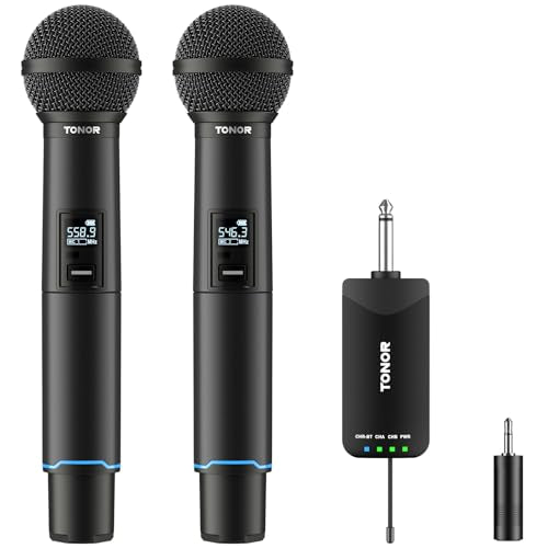 TONOR Rechargeable Wireless Microphones, Metal Bluetooth Handheld Cordless Mic System with Receiver, 2x25 UHF Professional Dynamic Mic for Karaoke, Church, Singing, Wedding, Meeting, DJ, 328ft TW720 - style: Plug-in Receiver