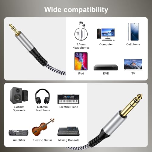 3.5mm to 6.35mm Audio Cable,6.6FT 1/8 Male to 1/4 Male Stereo Cable 3.5mm to 1/4 Adapter TRS Cable Aux Cord Bidirectional Stereo Aux Cable Jack for iPhone,Guitar,Speaker,Home Theater,Amplifiers,Piano