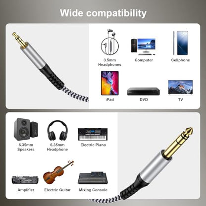 3.5mm to 6.35mm Audio Cable,6.6FT 1/8 Male to 1/4 Male Stereo Cable 3.5mm to 1/4 Adapter TRS Cable Aux Cord Bidirectional Stereo Aux Cable Jack for iPhone,Guitar,Speaker,Home Theater,Amplifiers,Piano
