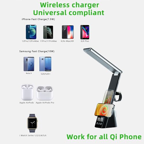 IHAO 6in1 Multifunctional Foldable LED Desk Lamp with Wireless Charger Digital Alarm Clock Eye-Care Lighting 3 Color Modes 15W Qi Charger for Phone/Headphones, Apple Watch Compatible-Black - color: Table Lamp Black