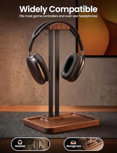 LOXP Wooden Headphone Holder, Solid Stand with Non-Slip and Storage Base | Anti-Rust Gravity Arm, Hardwood Earphone Hanger for Desk, Universal Fit for Gaming Headsets, Studio Headphones