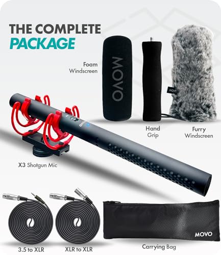 Movo X3-II Shotgun Microphone for Camera – 11” XLR Supercardioid Boom Mic for Filmmaking, DSLR Video, Interviews & Content Creation – Includes Rycote Shockmount, Grip & XLR Cables