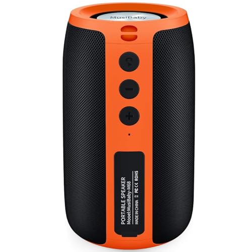 Musibaby M68 Bluetooth Speaker, 12W, IPX5, 24H Playtime, OrangeBlack | Portable, small and compact with USB playback, AUX input, FM radio, TF card playback, up to 24H and dual pairing. - color: OrangeBlk