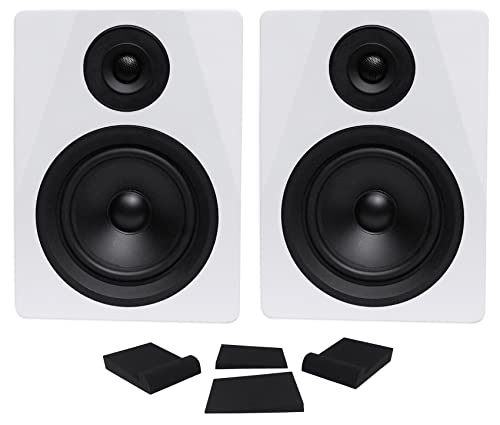 Rockville 2 DPM5W 5.25" White Powered Studio Monitors with RRS190S Pads | 150W Peak / 75W RMS Each, Class D Bi-Amped, XLR/TRS/RCA Inputs, DSP, 1" Neodymium Tweeter, 3-Angle Isolation Pads, 4-Items