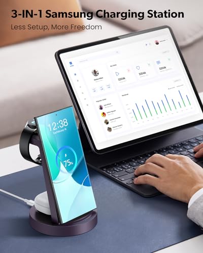 Wireless Charger for Samsung: 3 in 1 Wireless Charging Station | for Samsung Galaxy Watch 8 7 6 5 4 3 Pro S26 S25 S24 S23 S22 Ultra Z Fold Android, 18W adapter, Idea for Home Office Travel - color: Purple