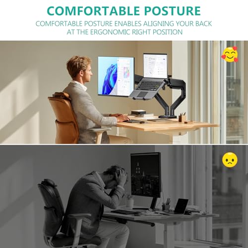 WALI Laptop Desk Mount, Dual Monitor Arm with Laptop Holder, Adjustable Height Laptop Arm Mount for Desk, Fits 17” Notebook and 32” Monitors, Up to 22Lbs (GSMP002LP), Black | Dual Monitor Arm with Laptop Holder, Adjustable Height Laptop Arm mount for Desk