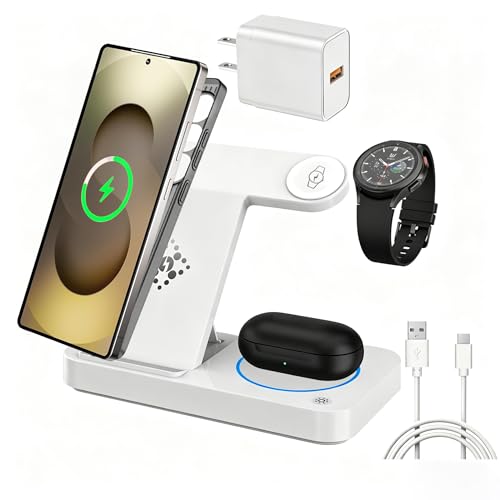 3 in 1 Charging Station for Samsung Android: Wireless Phone and Watch Charger for Galaxy S26 S25 Ultra/S24/S23/Z Fold, Wireless Charger Stand for Galaxy Watch 9/8/7/6/5 Earbuds 4/3/Pro (White) - color: White