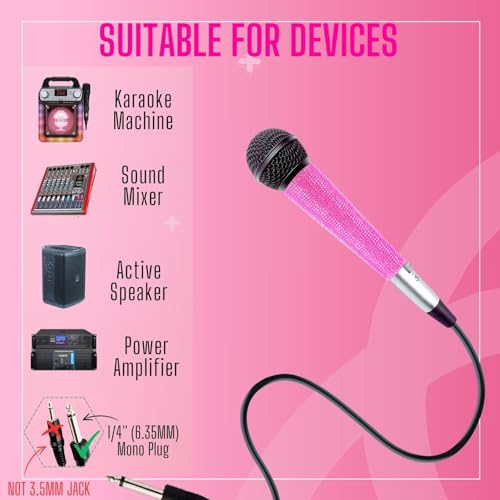 Black XLR Wired Vocal Microphone with Pink Rhinestone Sleeve | Wired Mic Uses Cardioid Pickup For Focused Vocals; 11.5-Ft Lead And Pink Crystal Cover and Band Suit Stage Or Karaoke