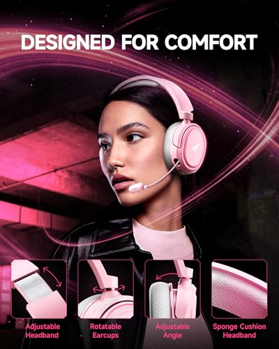 Wireless Gaming Headset, 7.1 Surround Sound, 2.4GHz USB Gaming Headphones with Bluetooth 5.4, 100H Battery, ENC Noise Canceling Mic, RGB Light, Wireless Headset for PC PS5 PS4 Mac Switch (Gray-Pink) - color: White-Pink