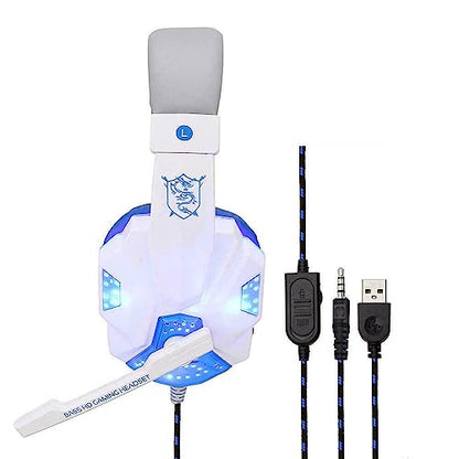 3.5mm Gaming Headset Mic LED Headphones Stereo Bass Surround for PC PS4 Xbox One (White & Blue) - color: White & Blue