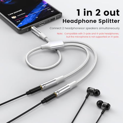 MOSWAG Headphone Splitter 3.5mm Splitter 2 Way Audio Y Splitter Stereo Cable Earphone Jack Adapter for iPhone Samsung PS4 Switch Tablets PC Laptop MP3 - color: White