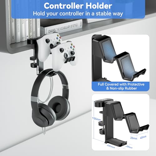 KDD 5 in 1 Desk Controller Holder - Rotating Headphone Hanger with Cup Holder - Clamp On Desk Organizer Holds Controller, Headphone, Cup, Mobile Phone and Pen(Black)