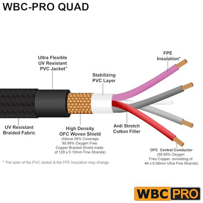 2 Units - 4 Foot - WBC-PRO-Quad Ultra-Silent Ultra-Flexible Balanced Star-Quad Cable with Amphenol QS3R-AU ¼ Inch (6.35mm) Gold Right-Angled TRS Stereo Phone Plugs & Black Tweed Jacket - size: 4 FT, style: 2 Cables