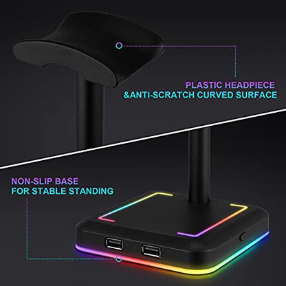 Headphone Stand, RGB Gaming Headset Holder with 2 USB Charger Ports & 10 Lighting Modes for Desktop PC Game Earphone Accessories