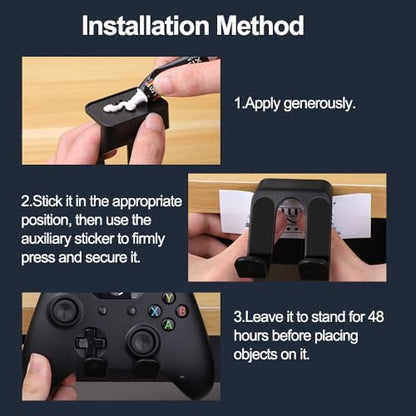 Game Controller Holder, Adhesive Headphone Holder Wall Mount with Dual Hook for Gaming Accessories, Headset and Controller Stand, Desk Hook and Space Saving Organization, Black