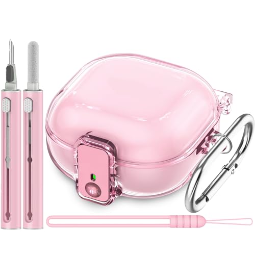 Inesore Case for Samsung Galaxy Buds FE/Buds 2/Pro/Live (Pink) | Safety Lock Design Prevents Loss, Clear Anti-Yellow PC Shell, 3-in-1 Cleaning Tool, Metal Clasp, Silicone Lanyard - color: A4-Pink+Bi