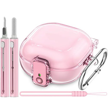 Inesore Case for Samsung Galaxy Buds FE/Buds 2/Pro/Live (Pink) | Safety Lock Design Prevents Loss, Clear Anti-Yellow PC Shell, 3-in-1 Cleaning Tool, Metal Clasp, Silicone Lanyard - color: A4-Pink+Bi