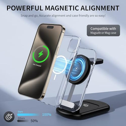 RYND 2026 Traveling Wireless Mag-Safe Fast Charging Station | Magnetic 3 in 1 Charger with Light for iPhone 17 16 15 14 13 12 Pro Max Plus,Apple Watch & Air pods 4 3 2 Pro(Black) - color: Black