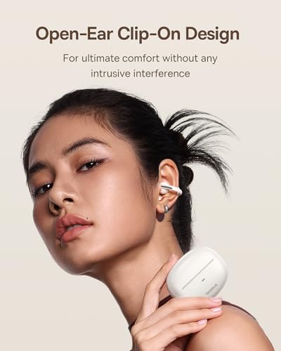 Baseus Bowie MC1 Open Ear Clip-On Earbuds, Adaptive Comfort with Anti-Drop Design, Impactful Sound with Adaptive Bass Boost, Adaptive Noise Cancelling Calls, IP57 Waterproof, 40H Playtime, Lightweight - color: White
