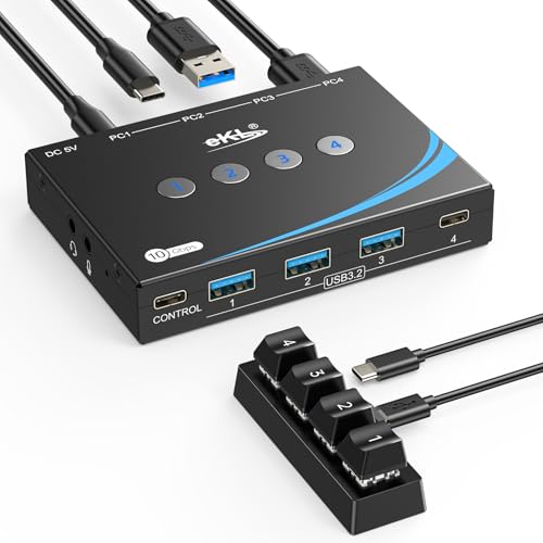 eKL USB 3.2 Switch for 4 Computers, 2 USB-C+2 USB-A 10Gbps Inputs, Share 1 USB-C+3 USB-A Peripherals Like Mouse Keyboard Printer Scanner, with 3.5mm Mic Headphone Jack, Includes 4 Cables & Controller - size: USB3.2 10Gbps 4 in 4 out with desktop controlle