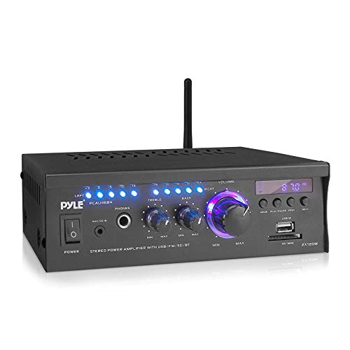 Pyle Home Power Amplifier with Bluetooth Wireless - 2 x 120 Watt Stereo Receiver w/ Blue LED Level Meter, FM Radio, USB-A Input w/ MP3 Player, SD Card In, Aux, RCA, Headphone Jack - PCAU46BA